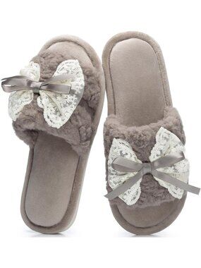Women's Brown Open Toe Memory Foam Slippers With Lace Bow Non-Slip Fuzzy Shoes